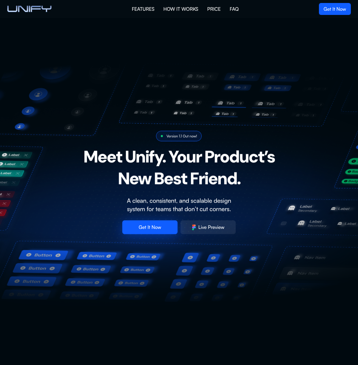 Unify Design System landing page: the tagline over a field of buttons, labels, and tab components