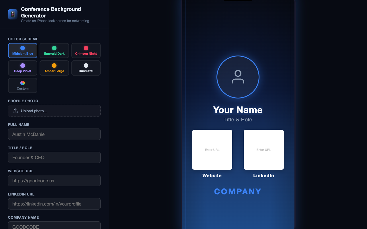 Conference Background Generator: a form on the left and a live iPhone lock-screen preview on the right
