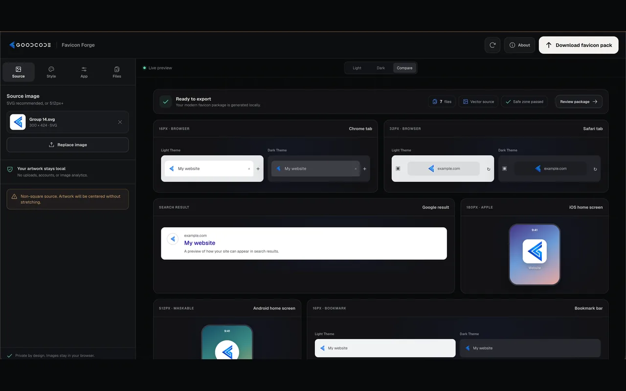 Favicon Forge with source controls and previews for browser tabs, search results, and mobile home screens