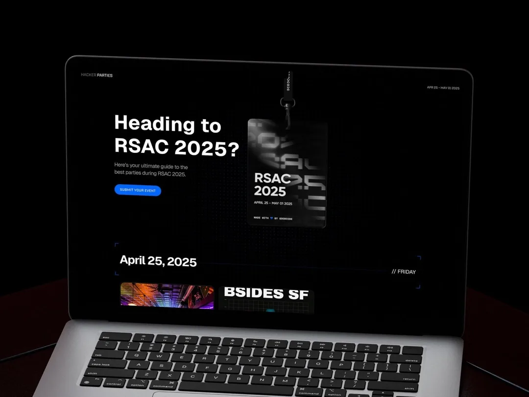 Hacker Parties on a laptop: a Heading to RSAC 2025 guide with a conference badge and a dated list of parties