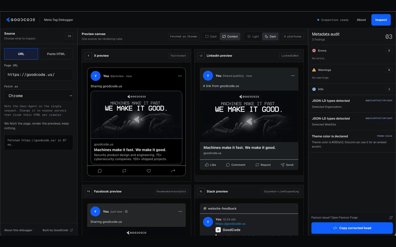 Meta Tag Debugger with URL controls, social preview cards, and a metadata audit panel