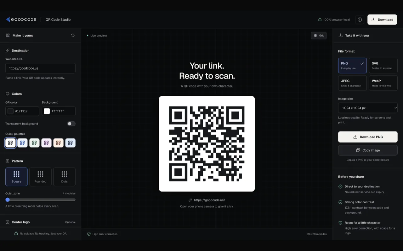 QR Code Studio with color and pattern controls, a live QR code preview, and file format export options