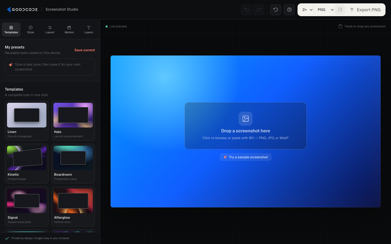 Screenshot Studio: a template picker beside a large gradient canvas that frames a dropped screenshot